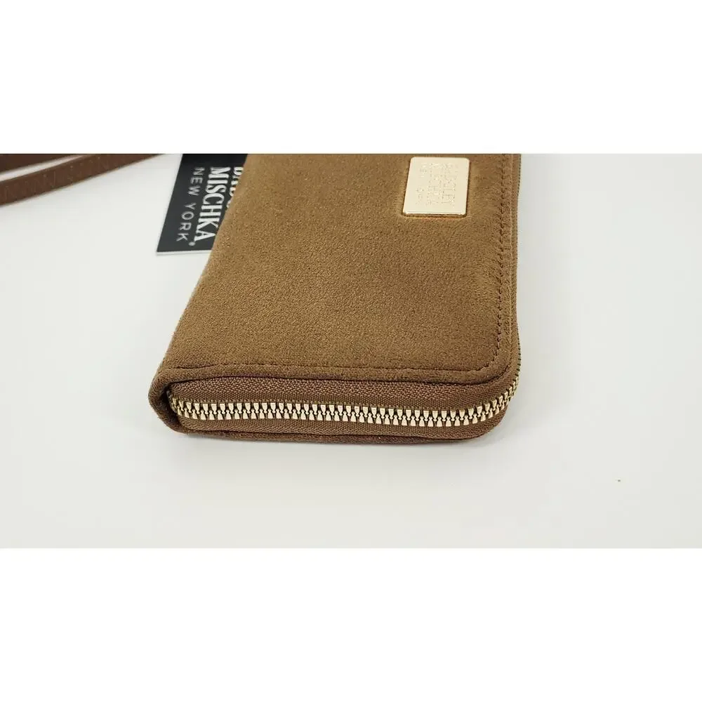 Badgley Mischka Tan Brown Suede Zip Around Wristlet Continental Wallet NWT